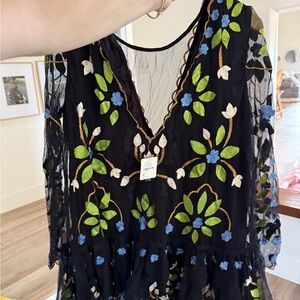 Free People Black Floral Embroidered Long Sleeve Dress